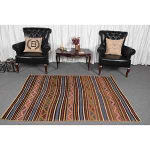 Alfombra Turca Vintage de 4.3x6.3 pies, Alfombra de Lana con Diseño a Cuadros Azules - Product Image 2