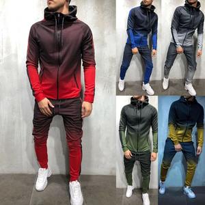 Conjunto de chándal de gimnasio ajustado para hombre, 2 uds., Sudadera con capucha de cuello alto, parte inferior de cintura alta, bolsillos con cremallera a prueba de viento, Invierno gradual - Product Image 3