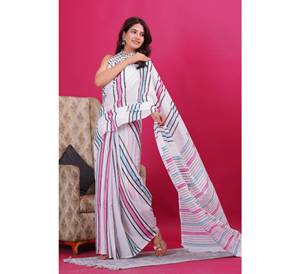 ชุดส่าหรีผ้าฝ้ายสำหรับผู้หญิงชุดปาร์ตี้ผ้าส่าหรีลายพิมพ์ด้วยมือดูสง่างามชุดฤดูร้อนสีสวย - Product Image 4