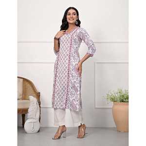 Hand Drawn White Butti Block Printed Cotton Straight <b>Kurti</b> with Pakistani Style Salwar Kameez for Daily Wear and Parties - Product Image 4