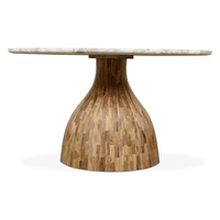 Mesa de Comedor con Base de Madera en Forma de Campana, Hecha a Mano, con Acabado en Marrón Cacao Oscuro, Tapa Redonda de Mármol con Textura Natural