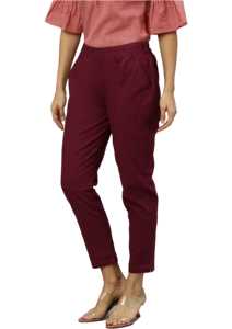Pantalon décontracté flammé en coton pour femme fermeture à la taille élastique solide coupe régulière style avant plat-méthode de tissage non tissé lavé en été - Product Image 1