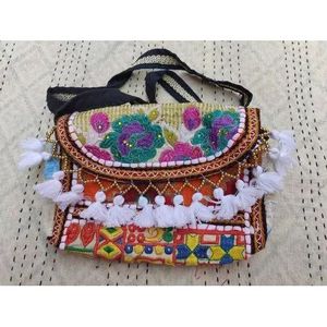 Bohemian <b>Embroidered</b> Handmade Suede <b>Clutch</b> <b>Bag</b> with Tassel Decoration and Tribal Pattern Small Size for Evening Use - Product Image 1