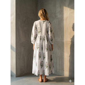 Vintage Sage Pink Floral Cotton Maxi <b>Dress</b> Hand-Block Inspired Boho Style <b>Elastic</b> Waist Breathable Summer ODM <b>Dress</b> for Leisure - Product Image 2