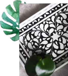 Plateau de service en bois incrusté d'os noir et blanc fait à la main le plus vendu avec motif floral pour les mariages et Diwali - Product Image 2