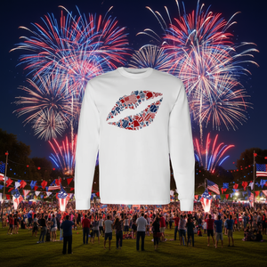 T-shirt promozionale a maniche lunghe con silhouette di labbra sexy e simboli americani per il 4 luglio - Product Image 3