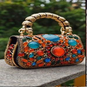 Luxury mini <b>bag</b> encrusted with multi-colored gemstones and a gold handle. Fine available at wholesale prices - Product Image 1
