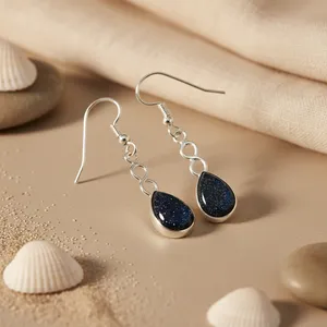 Boucles d'oreilles pendantes en pierre de sable bleue argentée de style vintage pour femmes, plaquées or blanc, forme papillon, perle d'eau douce tendance - Product Image 2