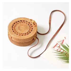 Buy Handwoven Round Rattan Bag for Women Ata Straw Bags Leather Shoulder Strap Rattan Bag for Summer Vacation from Vietnam