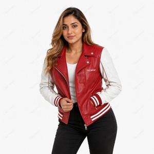 Veste universitaire en similicuir rouge pour femme Tiierwear, manches longues, fermeture éclair, design contrasté, vêtement d'automne - Product Image 5