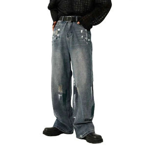 Jeans en denim décontractés pour hommes, style baggy surdimensionné, effet usé, coupe slim, pantalon en denim pour hommes, service OEM - Product Image 1