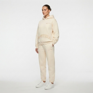 Ensemble de survêtement en molleton crème pour femme, sweat-shirt à capuche et pantalon de jogging, broderie ton sur ton, vêtements décontractés, vêtements de sport - Product Image 1