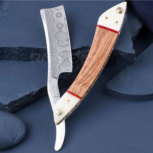 Maquinilla de afeitar reutilizable para hombre con hoja de Damasco recta de acero inoxidable para cara, cuerpo, bikini, axilas, mango de madera - Product Image 5