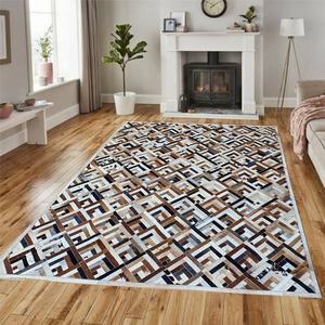 พรมหนังวัวสีน้ำตาลธรรมชาติและสีขาว งานแฮนด์เมด ตกแต่งด้วยหนังแท้แบบแฮร์ออน เหมาะสำหรับบ้านและสำนักงาน - Product Image 2