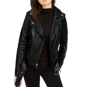 Veste en cuir légère sans col pour superposer une veste en cuir véritable zippée avec des épaules de déclaration - Product Image 1