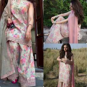 Nuevo Conjunto Étnico de Fiesta Moderno en Sifón Georgette Puro con Top, Pantalón Palazzo, Dupatta y Salwar Kameez, Diseño Reversible con Estampado Digital - Product Image 6