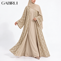 Ensemble 2 pièces pour femmes musulmanes : Kimono de luxe à sequins et pompons, Abaya Dubaï, Robe intérieure en satin, Abaya florale longue avec perles.
