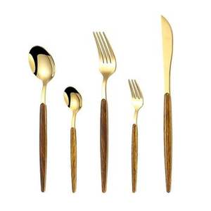 Cutlery Set in Stainless Steel with Elegant Gold Color and Wooden Handle Perfect <b>Flatware</b> Kitchenware Wedding and Dinnerware Use - Product Image 1