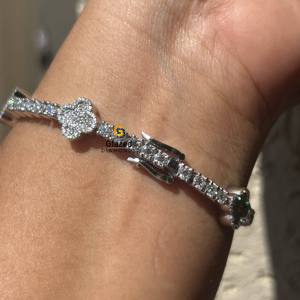 Nueva moda redonda brillante laboratorio cultivado VVs diamantes D incoloro completamente helado trébol de tenis Hip Hop pulsera 10K oro blanco - Product Image 4