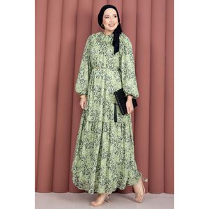 Vestido Hijab de Chifón con Estampado Floral y Cintura Imperio, Diseño con Pliegues Delanteros y Detalle de Moda - Product Image 5