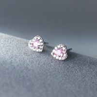 Valentijnsdag Cadeau Fijne Sieraden Roze Zirkoon Hart Oorknopjes Hypoallergene Piercing Stud Sieraden Puur Zilver S925 Voor Vrouwen