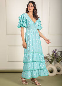 Collection chaude de soie Vibrant Beach Prints longue robe de créateur pour les femmes col plongeant, trois couches de soie imprimé femmes robe d'été - Product Image 4