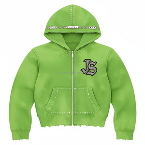 Sudadera con cremallera de invierno en forro polar grueso 380 GSM tela de felpa suave color verde elegante logotipo personalizado estampado de diamantes de imitación sudaderas básicas - Product Image 1