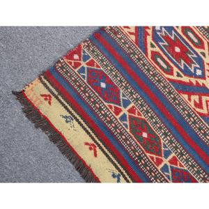 Turkish Vintage <b>Wool</b> Rug 1.9x3.1 ft (57x95 Cm) Kilim Patchwork <b>Red</b> Blue Southwestern Latex Backed Rug - Product Image 5