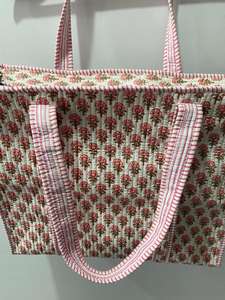 Handmade <b>Large</b> Cotton <b>Tote</b> <b>Bag</b> Turquoise Quilted <b>with</b> Red Motif Embroidery Fashionable <b>Zipper</b> Closure for Daily Travel Use - Product Image 2