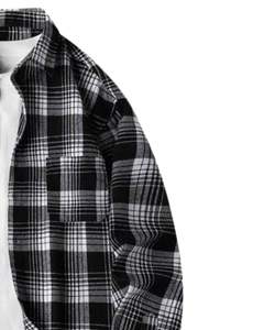 Chemise en flanelle à carreaux noirs et blancs pour homme, en coton et polyester, à manches longues, boutonnée, décontractée, coupe ample et chaude - Product Image 2