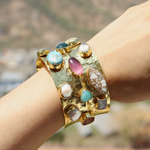 Phụ Nữ Vàng Mạ Đa Màu Đá Quý Rộng <span class=keywords><strong>Cuff</strong></span> Vòng Đeo Tay Tuyên Bố Vòng Đeo Tay Cho Quan Hệ Nhân Quả Mặc Có Thể Điều Chỉnh Đóng Cửa Còng - Product Image 5