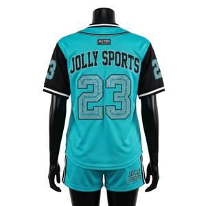 Ensemble short de baseball athlétique pour femme, 160 GSM, maille polyester douce, bleu sarcelle et noir, panneau contrastant, logo brodé personnalisé, ensembles pour femme - Product Image 2