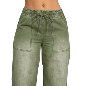 Jean en denim vert olive pour femme, coupe large, taille mi-haute, décontracté, vintage, délavé, jambe droite, 100 % coton, séchage rapide - Product Image 3