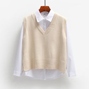 Suéter de algodón de alta calidad para mujer, suéter vasto sin mangas para mujer, jersey con cuello en V, Tops cortos holgados para primavera y otoño para mujer - Product Image 3