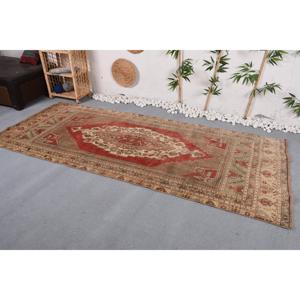 พรมตุรกี ขนาด 3.8x9.3 ฟุต พรมวินเทจสีแดงเบจ ลายต้นไม้และพืช - Product Image 3