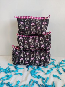 Bestseller Eco-Friendly Vintage <b>Large</b> Floral Handmade Black Cotton Block Print Cosmetic <b>Bag</b> with Zipper for Case - Product Image 2