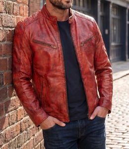 Veste moto en cuir véritable rouge pour homme, col montant, fermeture éclair, coupe ajustée, pour l'automne - Product Image 1