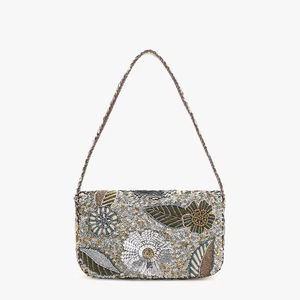 Nouveauté : Sacs à main en coton perlé de style classique pour femmes, sacs à main en perles de graines, logo, fermeture éclair, couleurs mélangées, pour les fêtes - Product Image 1