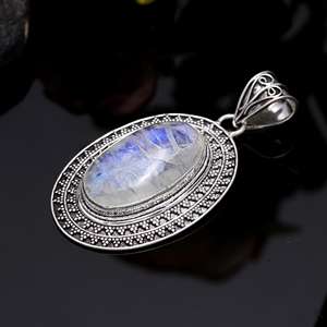 Vintage arc-en-ciel pierre de lune pendentif ovale forme Cabochon allemand argent fait à la main bohème grand feu bleu pierre de lune pendentif - Product Image 4