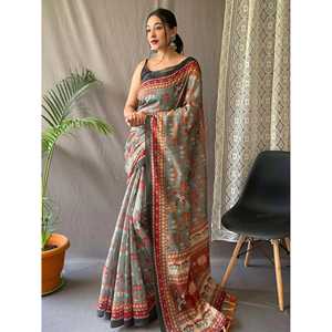 Elegante Sari de Algodón Gris con Estampado Kalamkari y Blusa para Festivales y Fiestas - Product Image 4