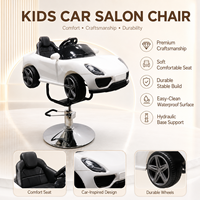 Chaise de barbier pour enfants en forme de voiture de sport blanche, chaise de salon hydraulique avec base ronde chromée, siège en forme de volant pour salon de coiffure pour enfants