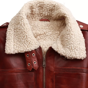 Blouson aviateur en cuir de vache marron pour hommes avec doublure en peau de mouton véritable manteau d'hiver volant - Product Image 5