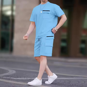 Wholesale Men's 2-Piece Summer Cargo Shorts Set - Casual Drop-Shoulder Zipper Pocket <b>T</b>-Shirt <b>Tracking</b> Suit Streetwear Outfit - Product Image 1