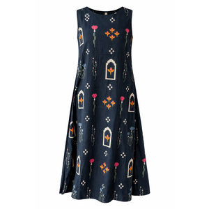 Vestido Midi A-Line de Algodón 100% Jaipur Navy con Elegante Estampado a Bloques y Bordado para Mujer, Tallas XS-5XL, Ideal para Fiestas y Salidas Nocturnas - Product Image 3