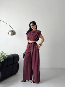 Conjunto de Dos Piezas para Mujer, Top sin Mangas con Volantes y Pantalones de Cintura Alta, Color Sólido, Chifón, Corte Holgado, Atuendo Elegante para Primavera/Verano - Product Image 2