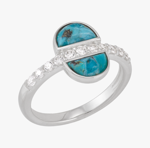 Anillo de dos piedras preciosas turquesas en forma de D Anillo de Plata de Ley 925 Ajuste de bisel Anillo único Chapado en plata minimalista para mujer. - Product Image 2