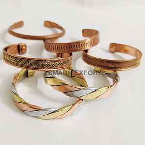 <b>Magnetic</b> Copper Bangle Adjustable Open Cuff Handmade Traditional Lightweight Engraved Design Twisted Braided Men Women - Product Image 3