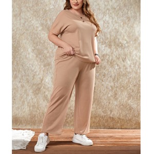 Femmes de luxe solide 100% coton Slim Skinny Fit à manches courtes t-shirt pantalon deux pièces ensemble automne décontracté BD - Product Image 2