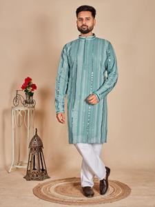 Manyavar Original Designer Hommes Mariage Kurta Pyjama Classique Georgette Riche Fil À Broder Travail Soie Matériel Gaufré Fait - Product Image 6