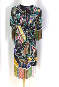 Robe élégante vintage à col rond et longueur thé manches longues gaine perlée motif cristal broderie droite formelle antistatique - Product Image 2